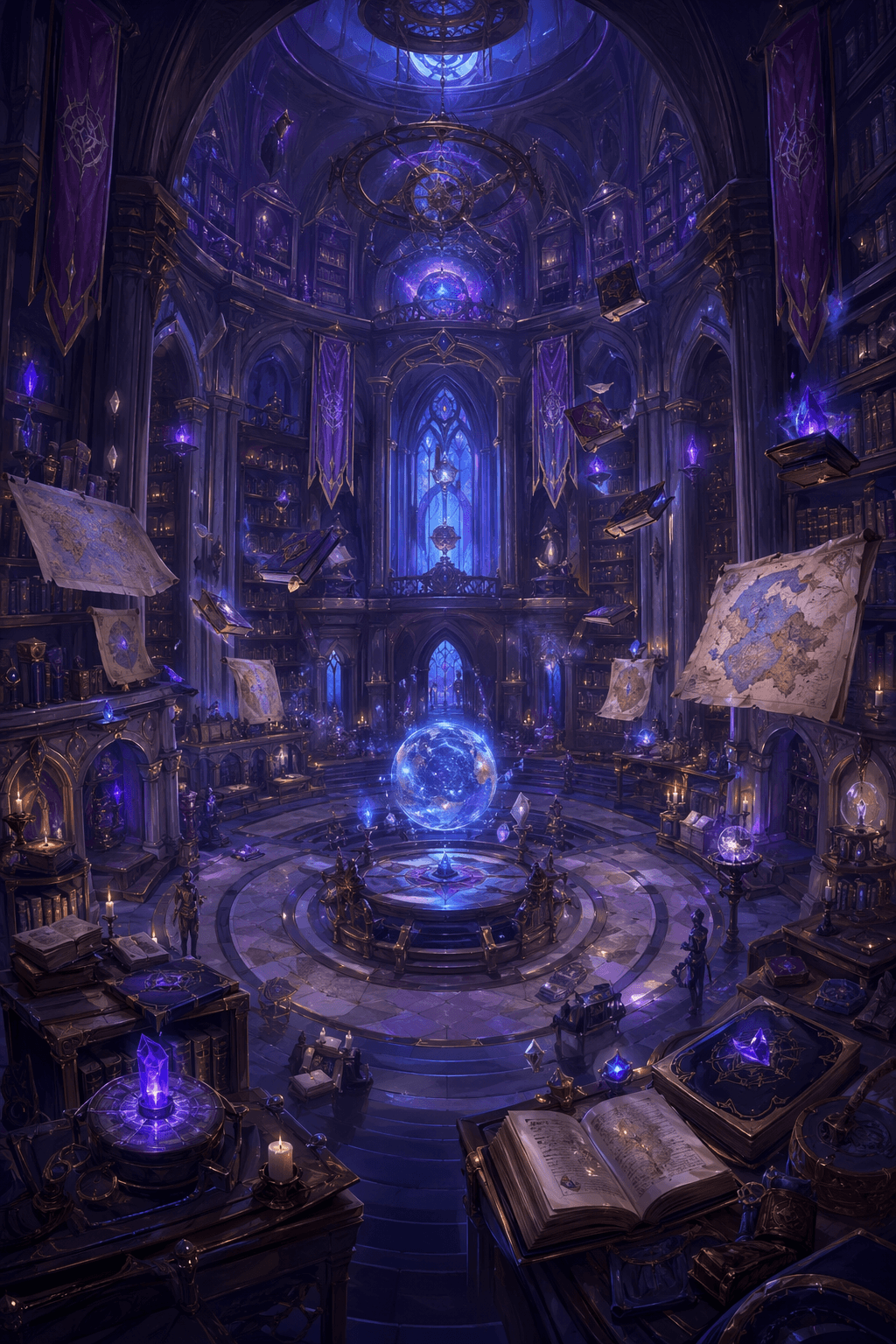 Mystical archive chamber with floating books, celestial maps, and blue arcane light.