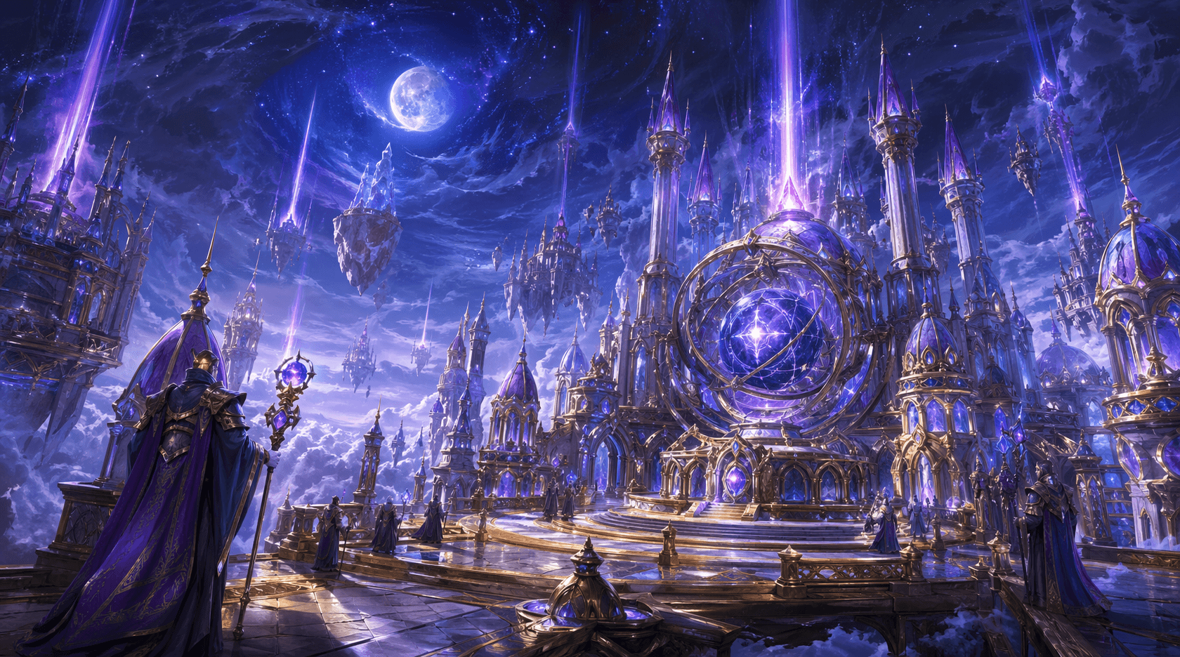 Arcane observatory terrace overlooking a magical skyline and nexus beams.