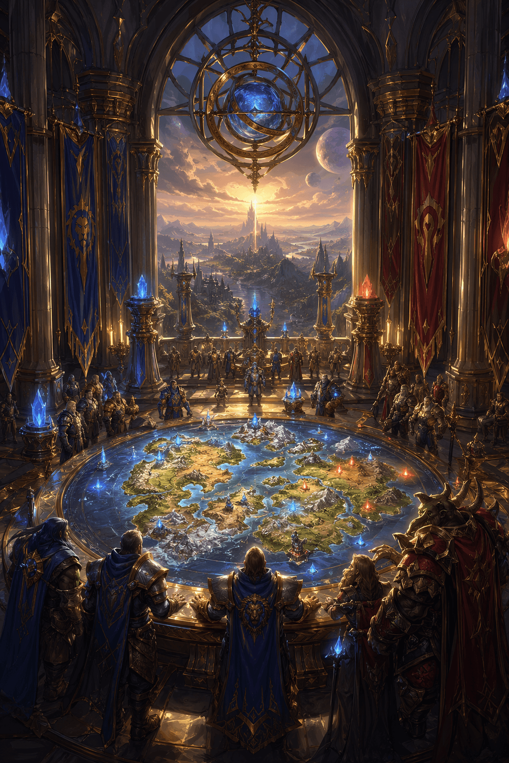 Celestial war room with a glowing strategic map table above the clouds.